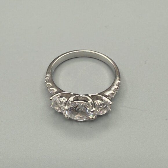 Three Stone Cubic Zirconia Engagement Ring Silver Tone Round Cut Size 6 - Picture 3 of 14